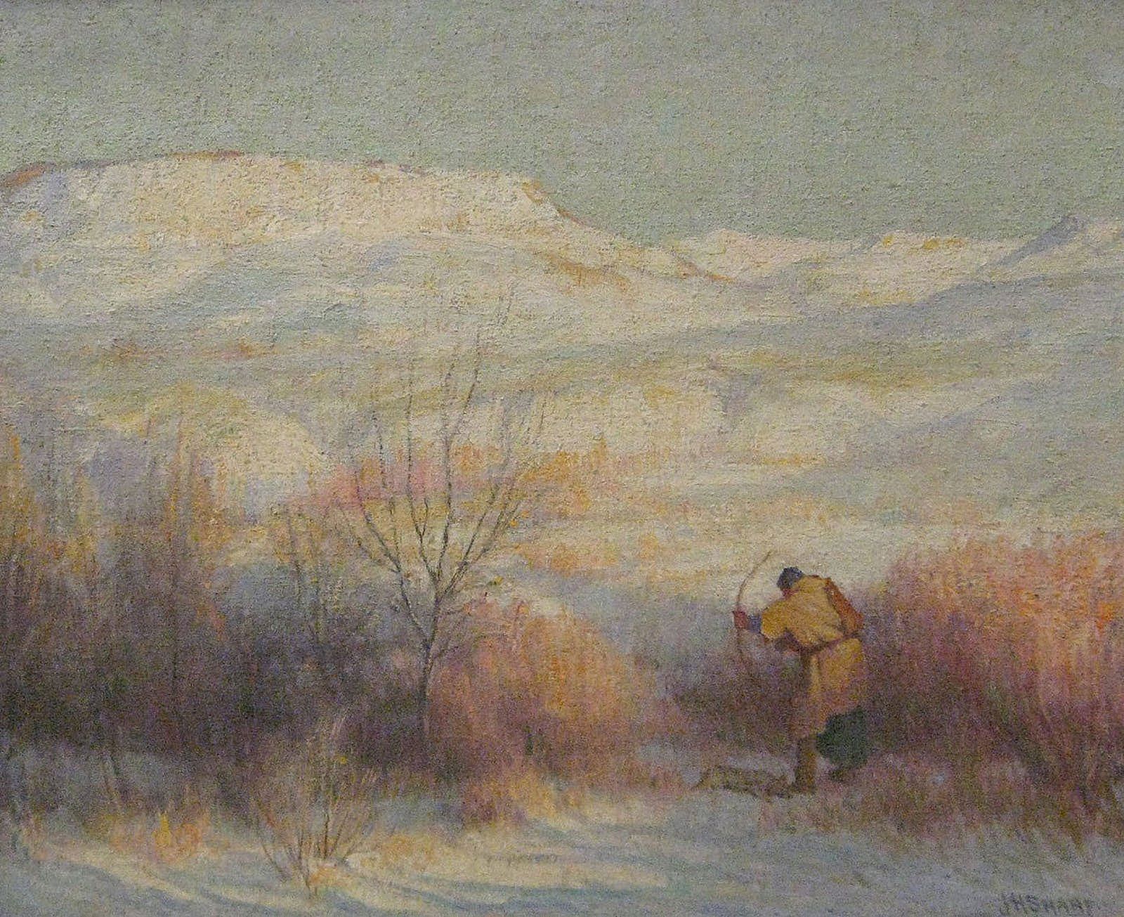 Untitled (Indian with bow and arrow in winter landscape)